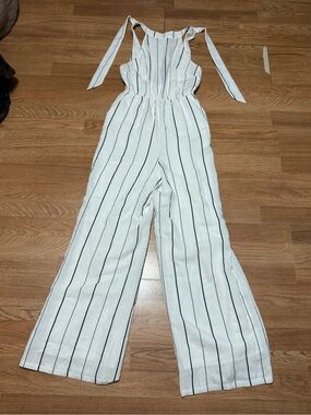 Caren Forbes Striped White Tie-Shoulder Jumpsuit
